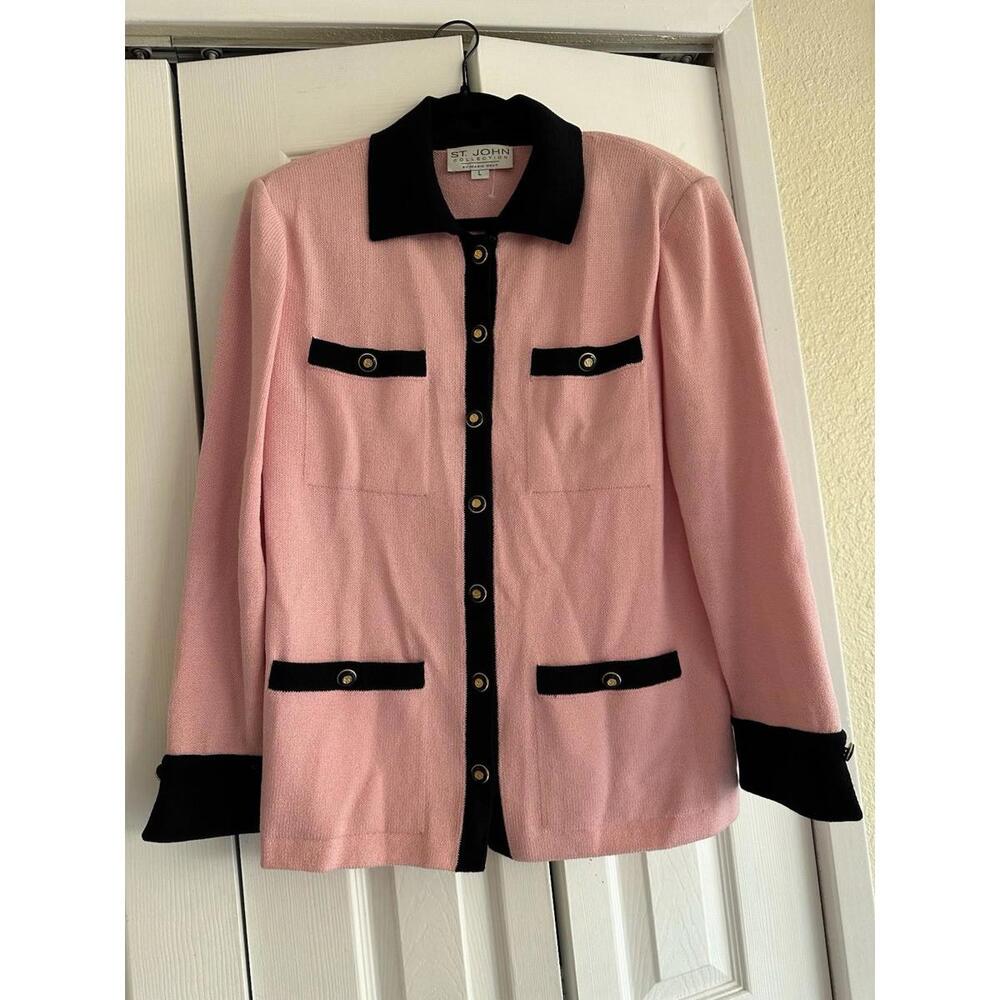 St. John Evening by Marie Gray Long Trimmed Cardigan Jacket Pink and Black Large